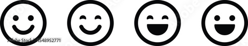 Vector black and white smiley face icons, depicting happiness, joy, satisfaction, positive emotion, contentment, laughter, feedback, mood, fun, and customer satisfaction ratings or reactions.