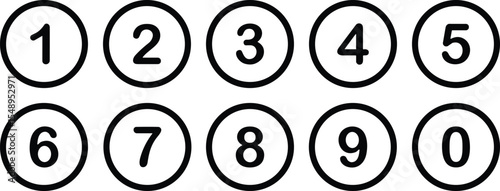 Vector black outlined circles with numbers 0 to 9, ideal for counting, sequences, lists, steps, pagination, mathematical concepts, buttons, education, and user interface design elements.