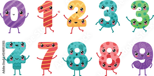 Cute cartoon numbers, colorful digits illustration, smiling math characters, educational number design, happy numeric faces, preschool learning clipart, playful number set, math for kids image