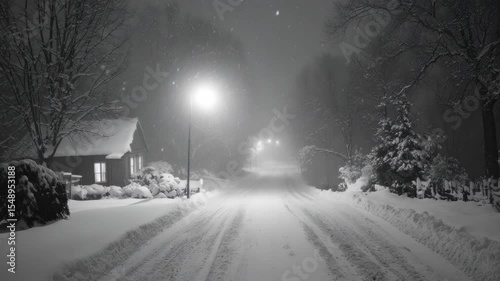 Snow falls gently in a quiet country road during a winter evening with soft lamplight illuminating the scene