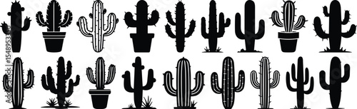 Vector black and white silhouettes of various cacti plants, isolated on white background, perfect for designs related to desert, succulent, western, mexico, nature, drought-tolerant.