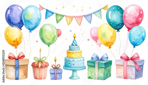 Festive watercolor birthday party elements featuring balloons, cake and gifts