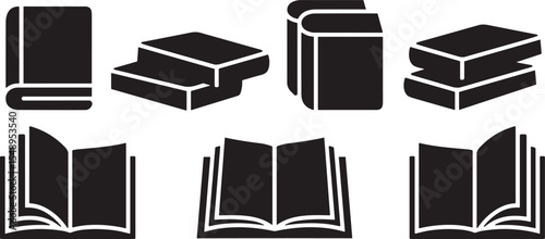 Vector black and white book icons set, isolated on white background, representing education, learning, knowledge, library, reading, literature, school, study, open books, closed books, stacked books.
