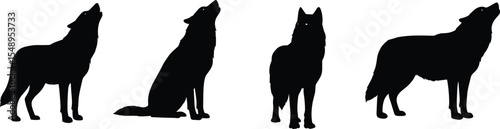 Wolf silhouette collection, howling wolves, black animal vector set, wild forest predator shapes, standing and sitting wolves, wildlife artwork, nature inspired, digital illustration clipart