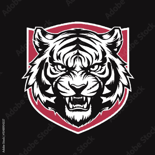 Aggressive tiger head mascot logo in a red shield