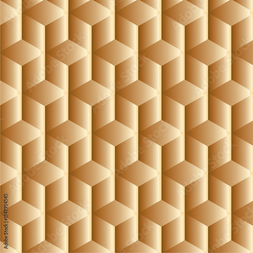 A warm golden-brown tessellation of three-dimensional cubes, forming a honeycomb-like structure with soft gradients that create depth, symmetry, and rhythmic repetition.