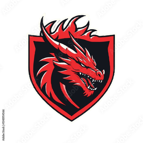 Fierce red dragon head mascot logo in a shield