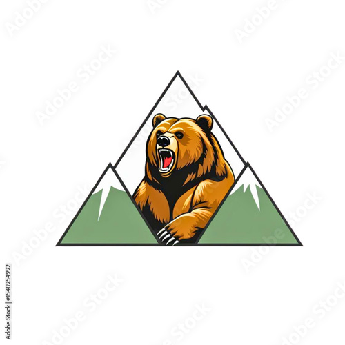 Aggressive grizzly bear roaring in front of jagged mountain peaks and pine trees emblematic of wilderness adventure