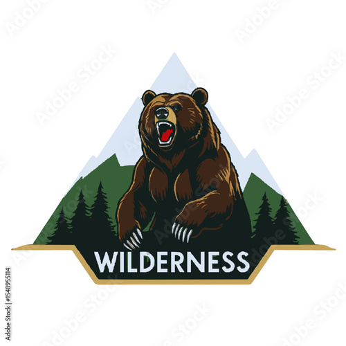 Aggressive grizzly bear roaring in front of a mountain range and pine trees with the word wilderness below