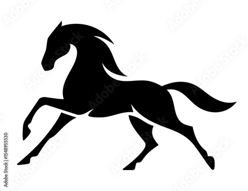 Silhouette of a running horse with flowing mane and tail on white background