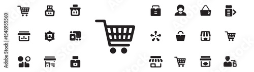 Shopping, retail icon set. Vector glyph pictograms of store, cart, cashier, bag, storefront, e-commerce, business, marketplace management black silhouette illustration. 