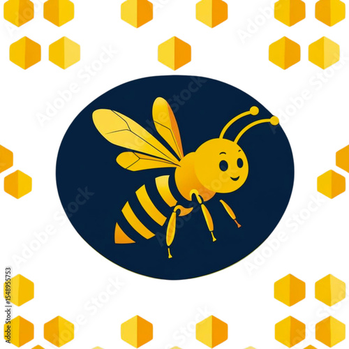 Friendly cartoon bee with wings and antennae set against a dark blue circle and surrounded by yellow hexagonal honeycomb patterns