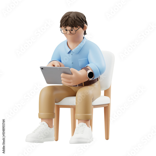 3D Render of Man Using Tablet While Sitting