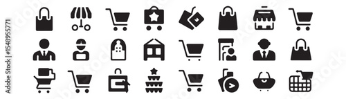Shopping, retail icon set. Vector glyph pictograms of store, cart, cashier, bag, storefront, e-commerce, business, marketplace management black silhouette illustration. 