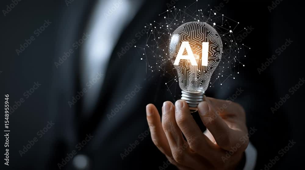 AI Illumination: An individual hand holds a light bulb radiating with the letters 