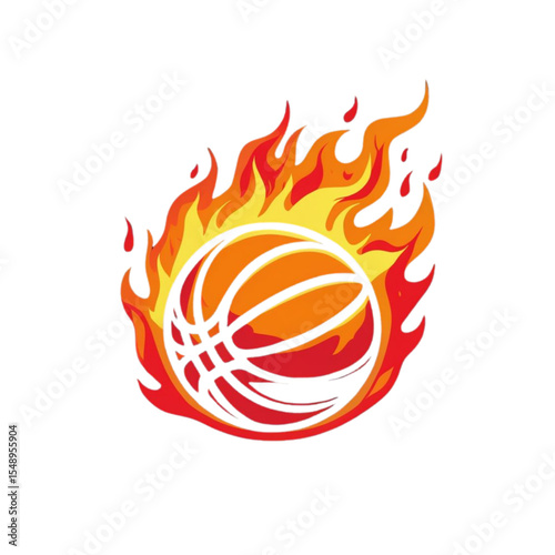 A vibrant illustration of a basketball engulfed in dynamic flames against a stark black background symbolizing intense energy and passion for the sport