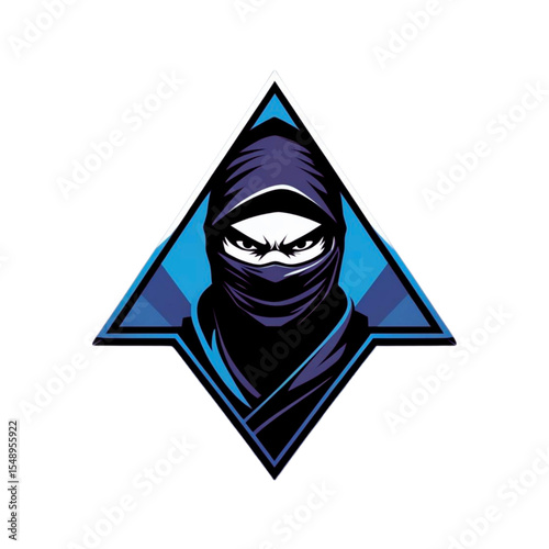 Mysterious ninja warrior with piercing eyes and a dark blue hood and mask framed within a geometric blue and white triangle on a black background