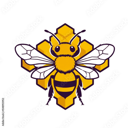Stylized cartoon bee with large eyes and striped body rests on a geometric honeycomb pattern against a black background