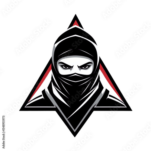Intense ninja warrior with piercing eyes and masked face within a red and white triangle emblem on black background