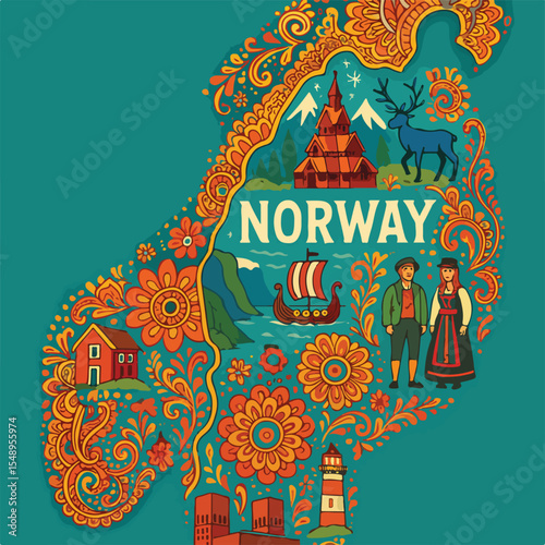 Stylized Norway Map A Folk Art Journey Through Fjords and Culture