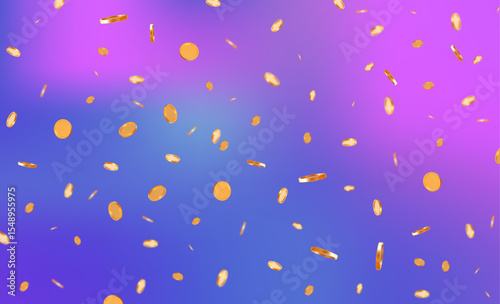 3d flying gold coins neon, holographic isolated background. Stock vector illustration.