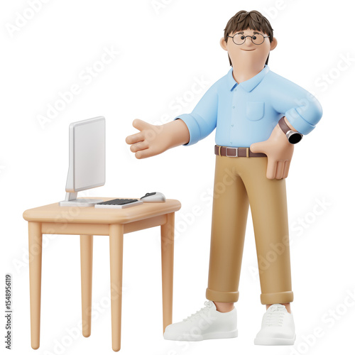 3D Cartoon of Man Presenting at Desk