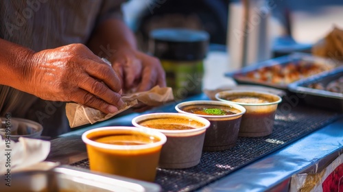 Vendor wrapping Siomay portions for takeaway with separate peanut sauce containers