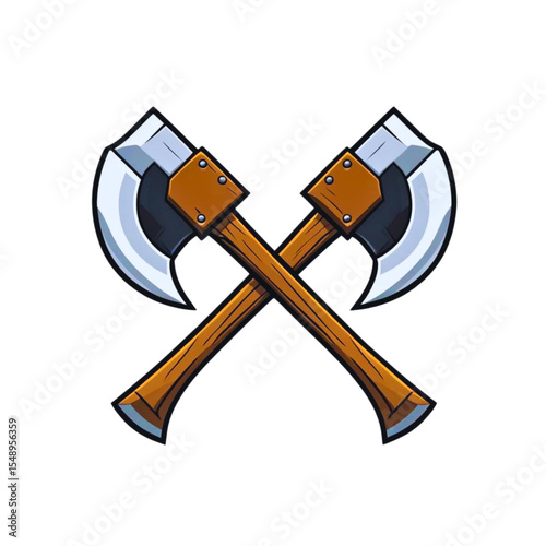 Crossed cartoon axes wood handles silver blades game logo design