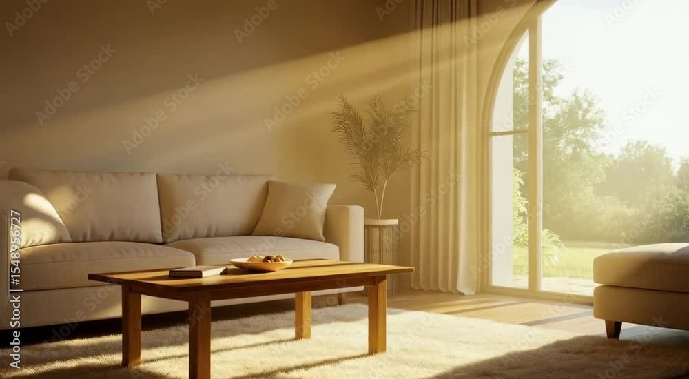 Warm sunlight streaming through vintage window into retro room, nostalgic golden hour atmosphere with dust particles [with copy space]