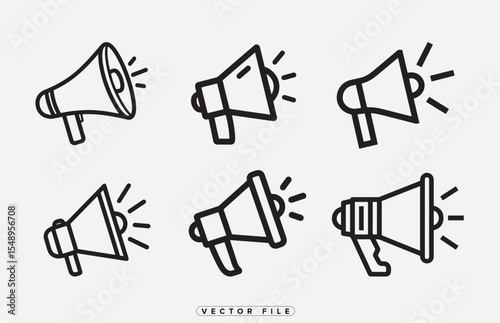 Collection of Six Megaphone Icons in Bold Outline Style