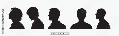 Five Male Profile Silhouettes Vector Illustration Set