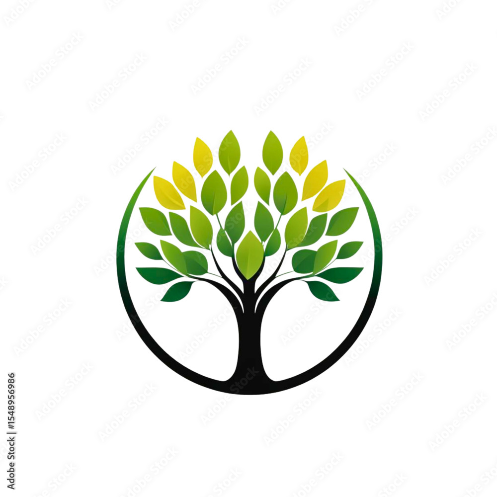 Obraz premium Abstract green and yellow tree of life logo design on black background