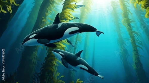 Orcas Swimming in a Kelp Forest Underwater Wildlife Beauty