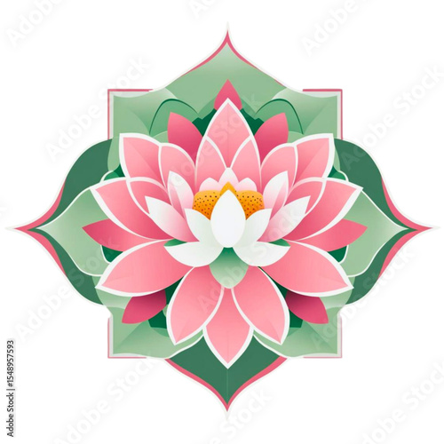 Pink lotus flower in geometric green frame artistic illustration