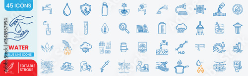 45 Blue Line Water Icons – Clean Water, Conservation, Hydration, and Infrastructure in Minimal Line Art Style