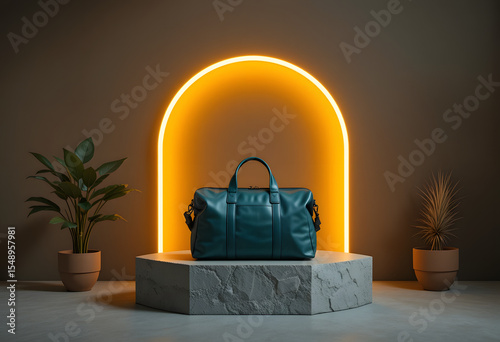 Teal leather duffel bag on concrete pedestal with neon arch