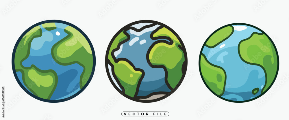 Three Cartoon Earth Globes in Different Perspectives