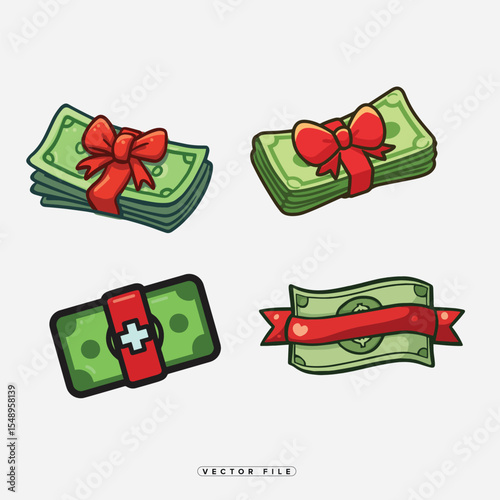 Cartoon Money with Ribbons and Gift Bows