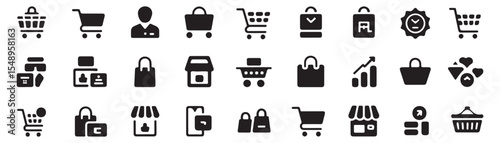 Shopping, retail icon set. Vector glyph pictograms of store, cart, cashier, bag, storefront, e-commerce, business, marketplace management black silhouette illustration. 