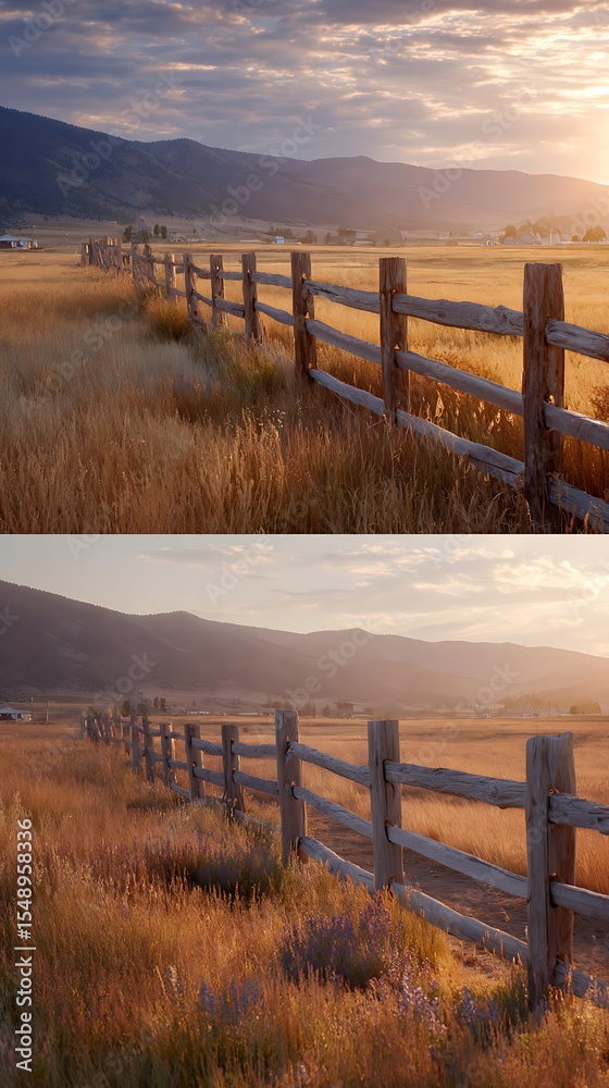Obraz premium Rustic wooden fence stretches across a golden meadow at sunrise.