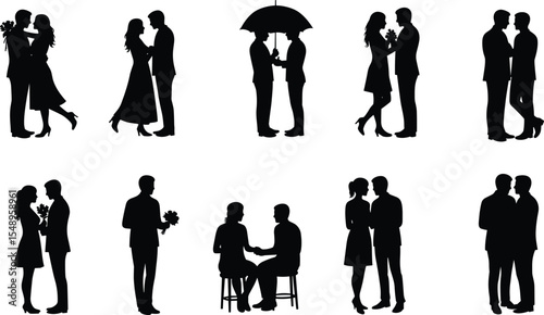 Romantic couple silhouette vector collection, people in love, dating scene clipart, holding flowers, umbrella romance, emotional pose, LGBT couple art, affectionate relationship design