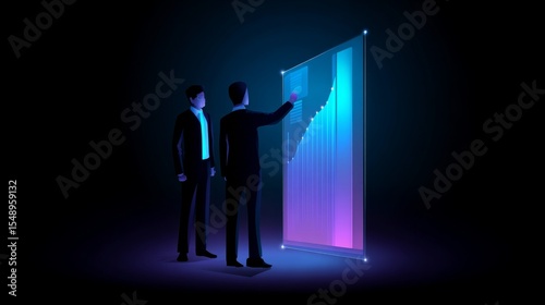 Two professionals in formal suits discussing business performance with a futuristic digital screen displaying an upward-trending graph in blue and purple hues.