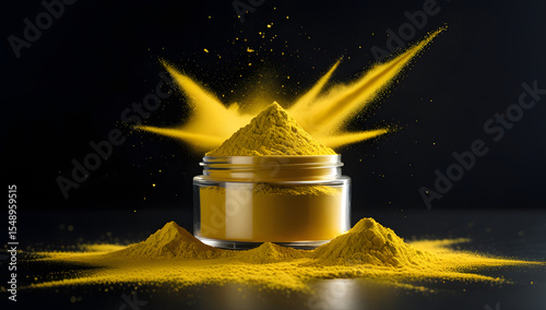 Yellow powder explosion in glass jar on black background