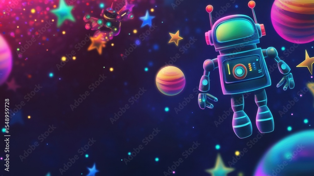 Naklejka premium Robot exploring vibrant galaxy with planets and stars