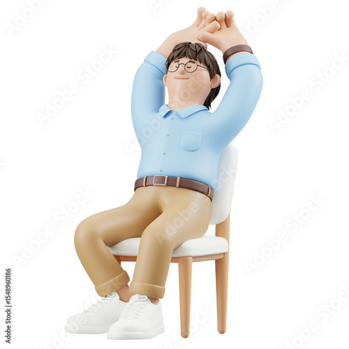 3D Render of Man Stretching in Chair