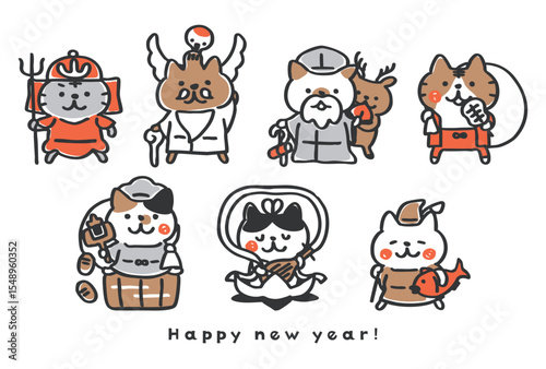 七福神の格好をした猫の年賀状テンプレート＿七福猫①
