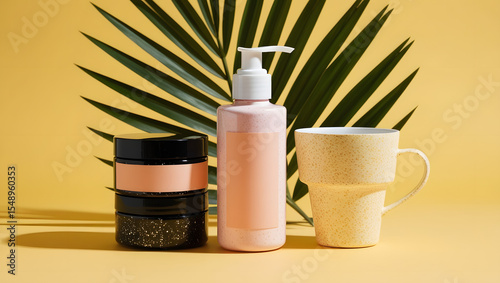 Tropical skincare products mockup with palm leaf