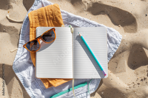 Beach diary with pencil on towel. Concept for travel plans and relaxing journaling.