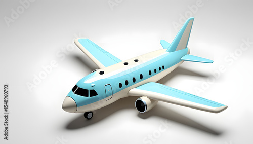 A stylized cartoon airplane with blue and white colors on a white background