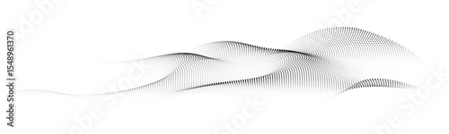 Flowing dots particles wave pattern 3D curve halftone black gradient curve shape isolated on transparent background. Vector in concept of technology, science, music, modern.
